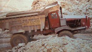 A dump truck from Peter Stevens Dumptruck Hire Ltd at Shap quarry in 1988